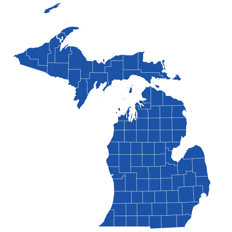 A Blue map of Michigan with county lines